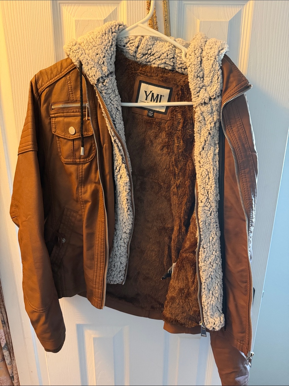 YMI Brown Faux-Leather Bomber Jacket with Cream Sherpa Lining